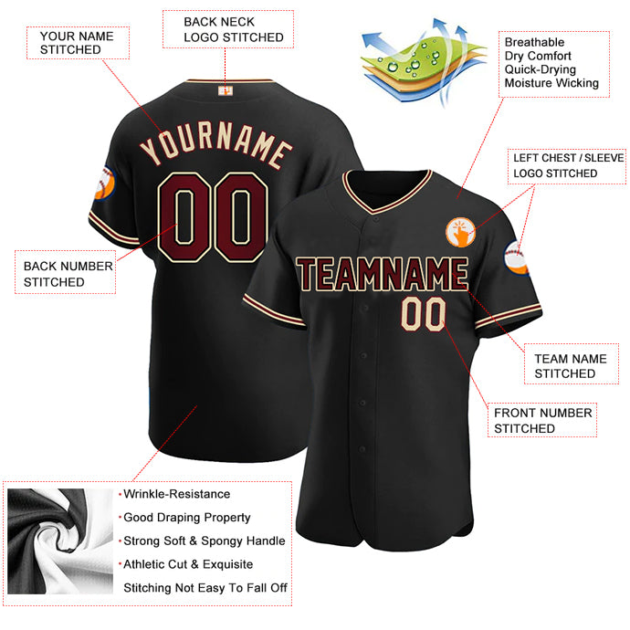 Baseball Stitched Custom Jersey - Black / Font Red Cream