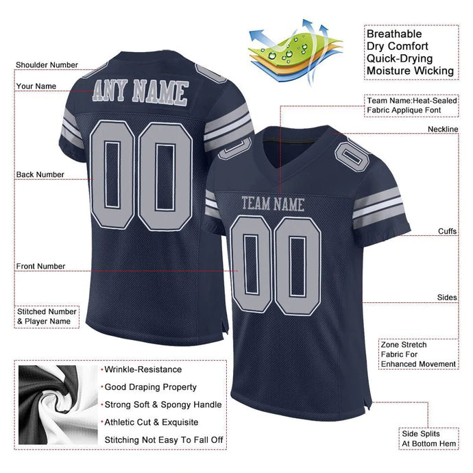 Football Stitched Custom Jersey - Navy / Font Grey