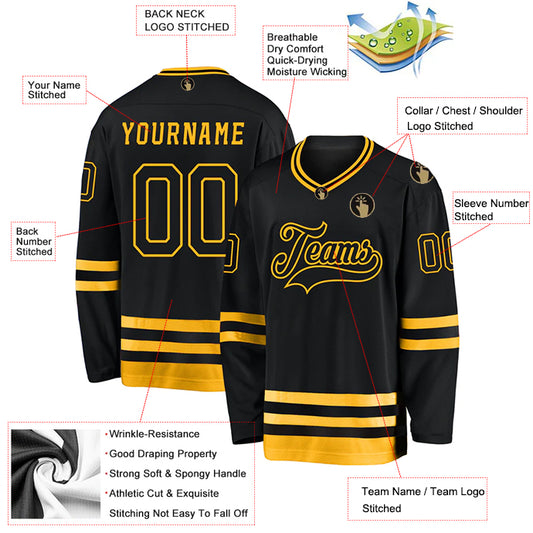 Hockey Stitched Custom Jersey - Black / Font Yellow