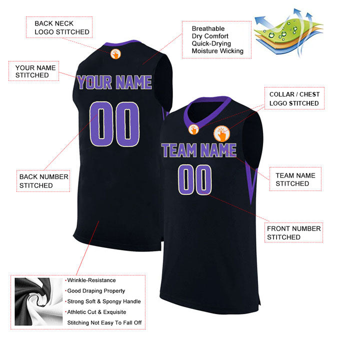 Basketball Stitched Custom Jersey - Black / Font Purple Style06052219