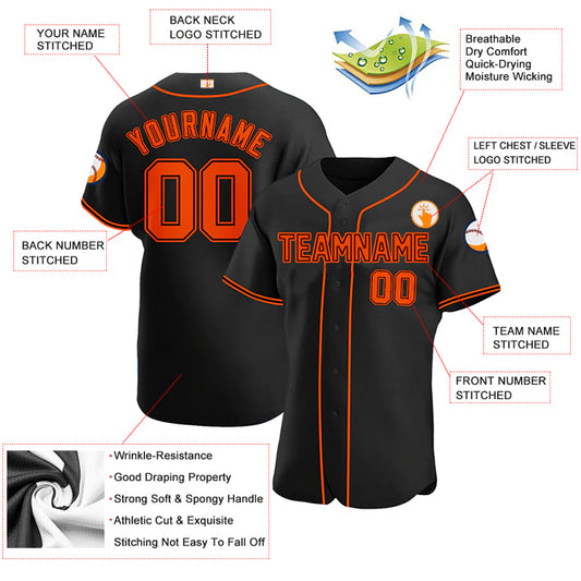 Baseball Stitched Custom Jersey - Black / Font Orange style 2