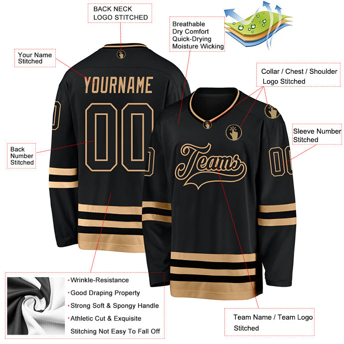Hockey Stitched Custom Jersey - Black / Font Khaki