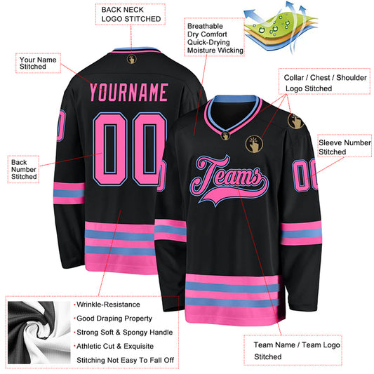 Hockey Stitched Custom Jersey - Black / Font Pink