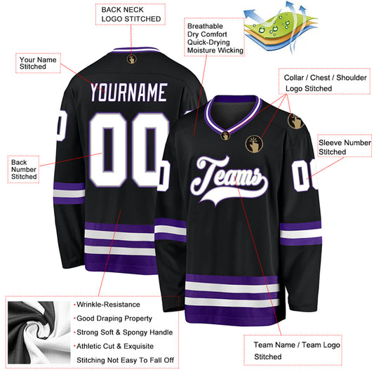 Hockey Stitched Custom Jersey - Black Purple / Font White