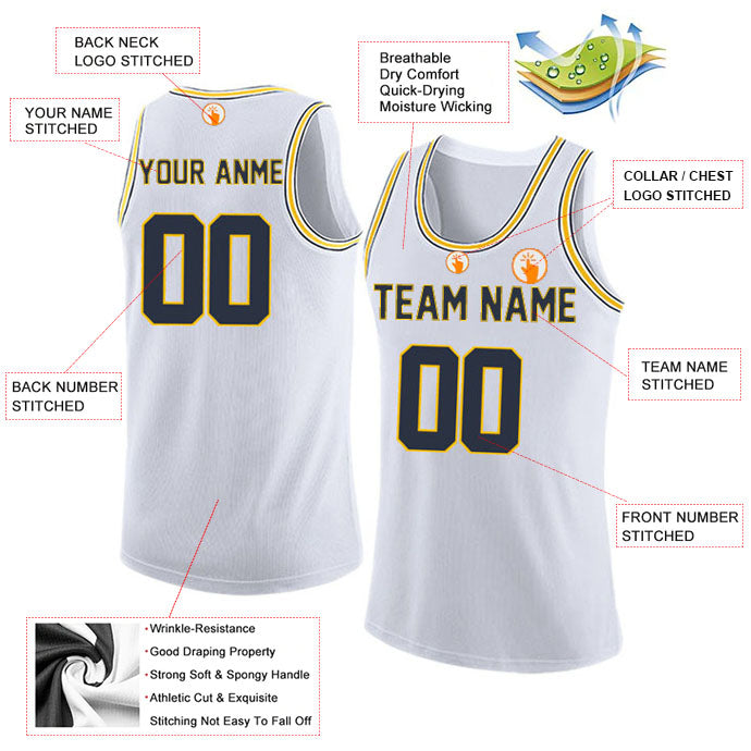 Basketball Stitched Custom Jersey - White / Font Navy Style06052209