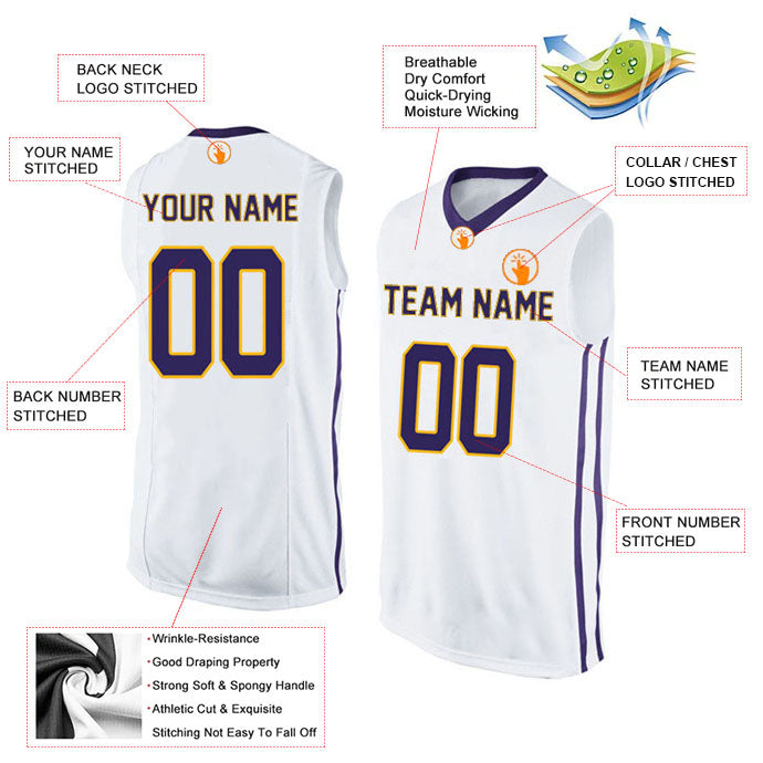 Basketball Stitched Custom Jersey - White / Font Purple Style06052208